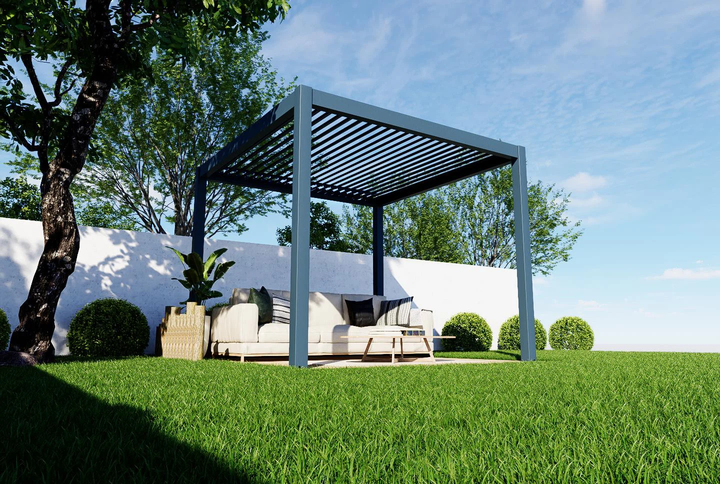 Beautiful aluminum pergola with louvre roof in a Dubai outdoor setting